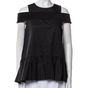 Tibi Black Cotton Smocked Cold Shoulder Peplum Top Minimalist Quiet Luxury Sz 00
